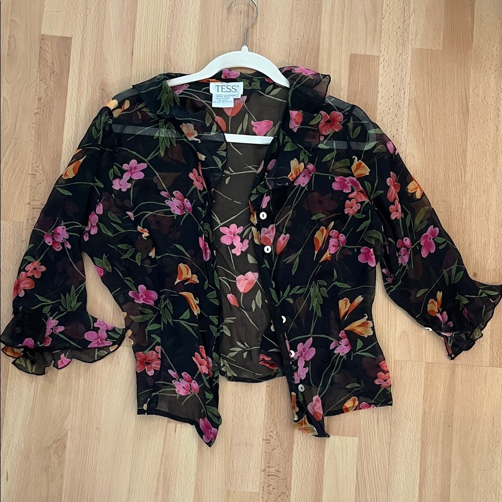 Floral 100% Silk Sheer Black Blouse